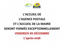 Mairie - Fermeture de la mairie et de l'Agence postale vendredi 5 décembre après-midi